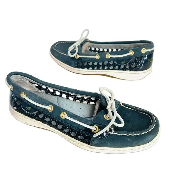 Sperry Topsider Boat Shoes Womens 7.5 Navy Blue Open Weave Leather - Picture 1 of 10